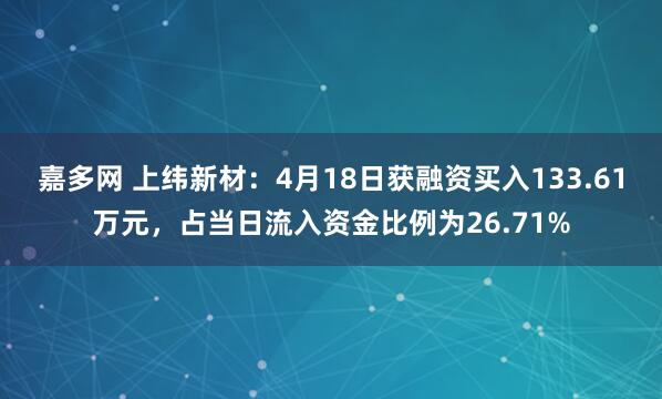 嘉多网 上纬新材：4月18日获融资买入133.61万元，占当日流入资金比例为26.71%